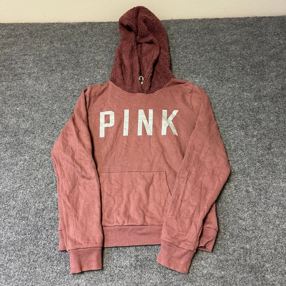 Pink Hoodie Womens Size S Mauve Rose Sherpa Hood Glitter Logo Pullover Sweater